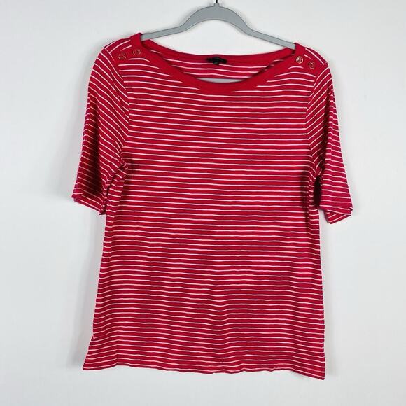 Talbots Size Medium Striped Short Sleeve Button Shoulder Tee Top Pink White - Picture 1 of 5